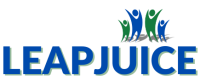 Leapjuice logo for premium managed Ghost CMS hosting solutions. The background is transparent, with the logo in all caps and appears in blue. Above the "I" there are 4 characters jumping for joy from increased monetization with Leapjuice. 2 are blue, and 2 are green.