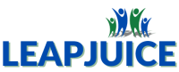 Leapjuice logo for premium managed Ghost CMS hosting solutions. The background is transparent, with the logo in all caps and appears in blue. Above the "I" there are 4 characters jumping for joy from increased monetization with Leapjuice. 2 are blue, and 2 are green.